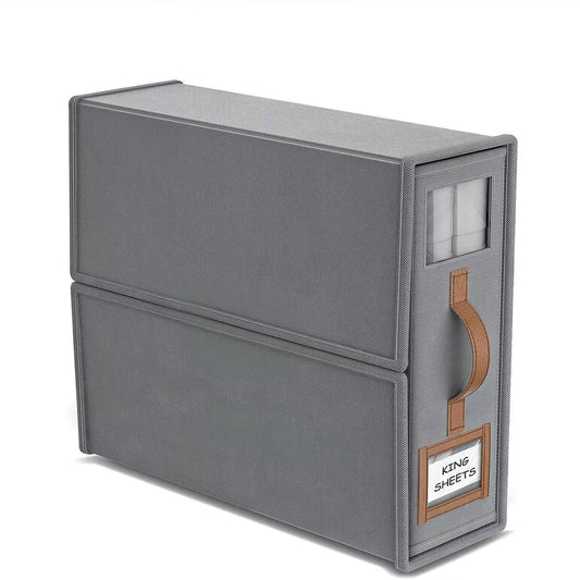 Grey foldable storage box with zipper and PU leather carry handle, label window