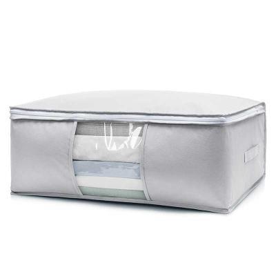 Grey quilt storage bag with clear window and double zipper, front panel view