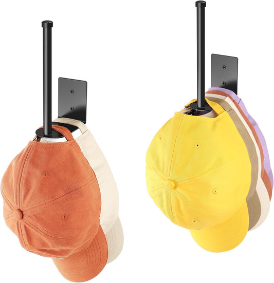 Stainless steel hat rack stand holding two baseball caps, black posts and mounting plates