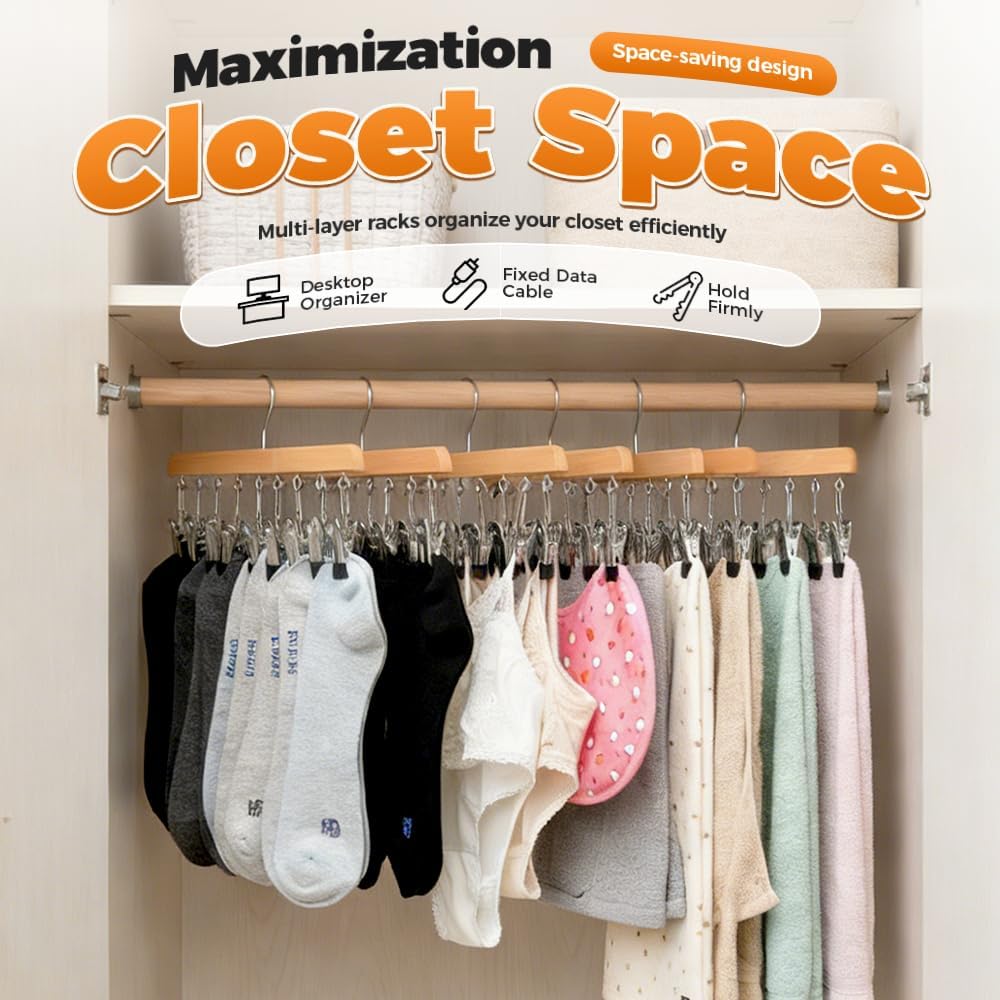 2 Pack Legging Hanger for Closet, with 10 Non Slip Clips Each, Wooden Clothes Hanger for Home Use, Space Saving Hanger for Family (Wood)
