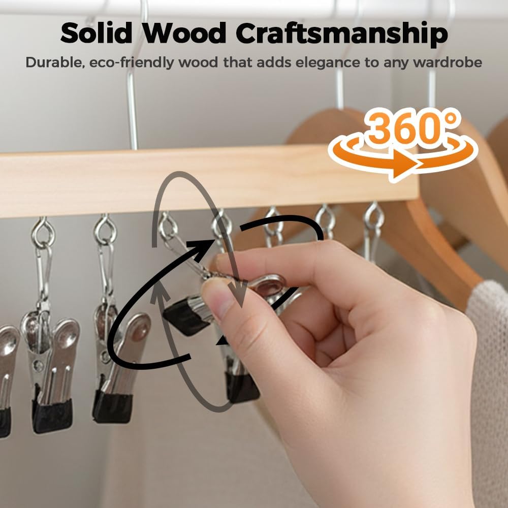 2 Pack Legging Hanger for Closet, with 10 Non Slip Clips Each, Wooden Clothes Hanger for Home Use, Space Saving Hanger for Family (Wood)
