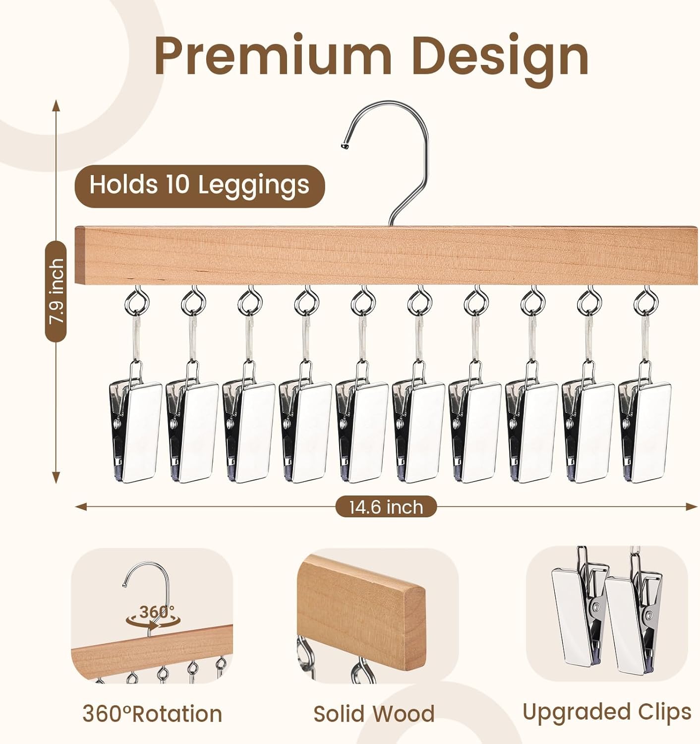 2 Pack Legging Hangers for Closet, Wooden Legging Hanger for Closet Organizer with 20 Upgraded Clips Holds 20 Leggings, 360° Rotatable Space Saving Yoga Pants Hanger for Socks, Shorts, Natural