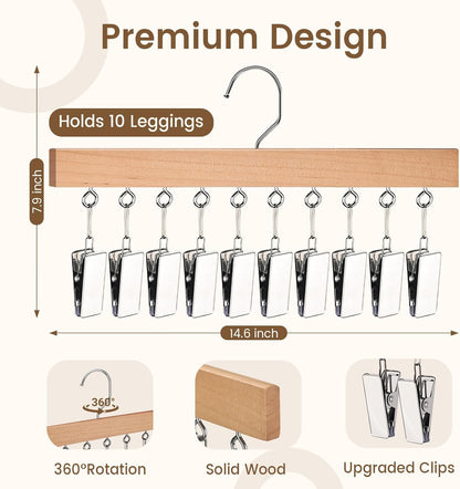 2 Pack Legging Hangers for Closet, Wooden Legging Hanger for Closet Organizer with 20 Upgraded Clips Holds 20 Leggings, 360° Rotatable Space Saving Yoga Pants Hanger for Socks, Shorts, Natural