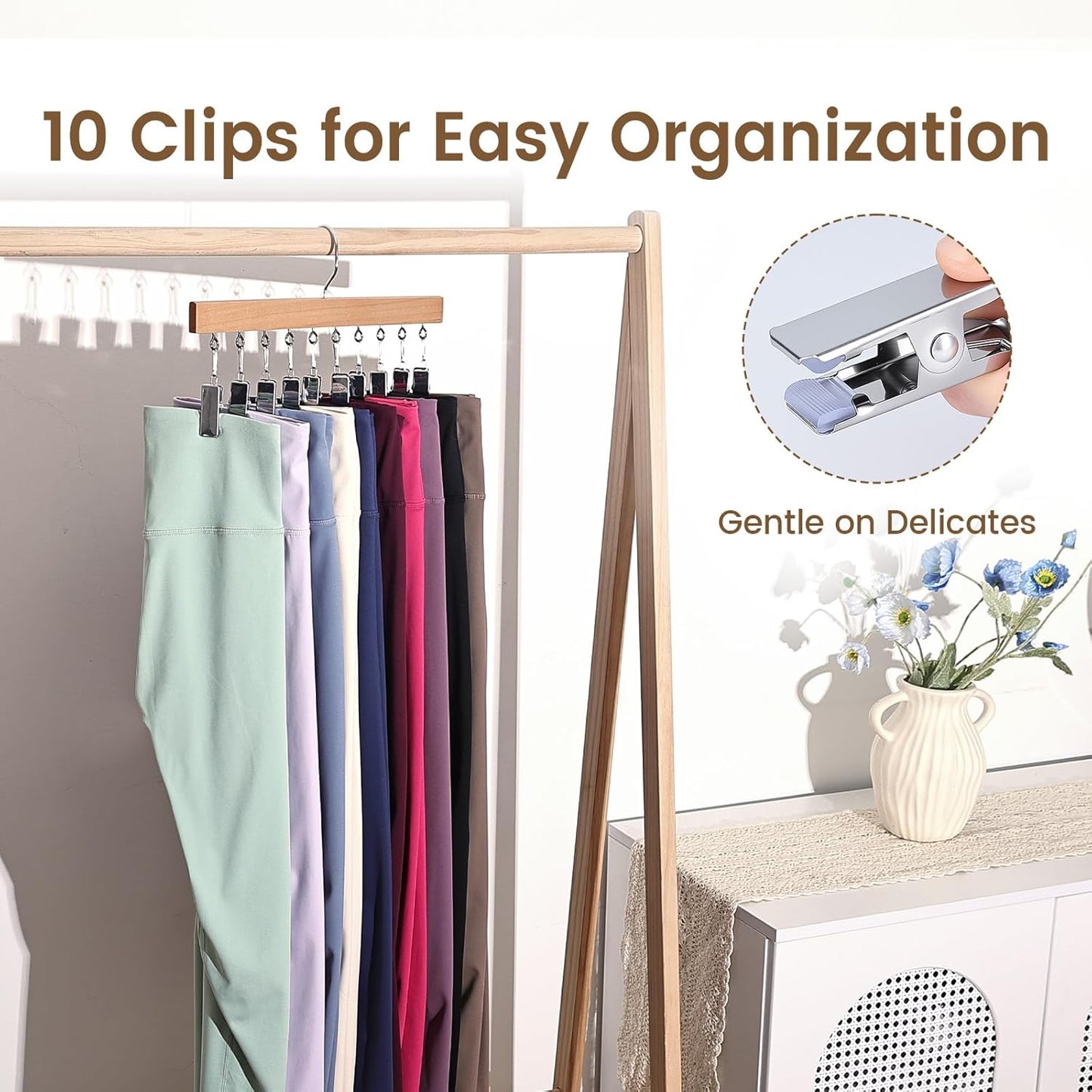 2 Pack Legging Hangers for Closet, Wooden Legging Hanger for Closet Organizer with 20 Upgraded Clips Holds 20 Leggings, 360° Rotatable Space Saving Yoga Pants Hanger for Socks, Shorts, Natural
