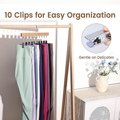 2 Pack Legging Hangers for Closet, Wooden Legging Hanger for Closet Organizer with 20 Upgraded Clips Holds 20 Leggings, 360° Rotatable Space Saving Yoga Pants Hanger for Socks, Shorts, Natural