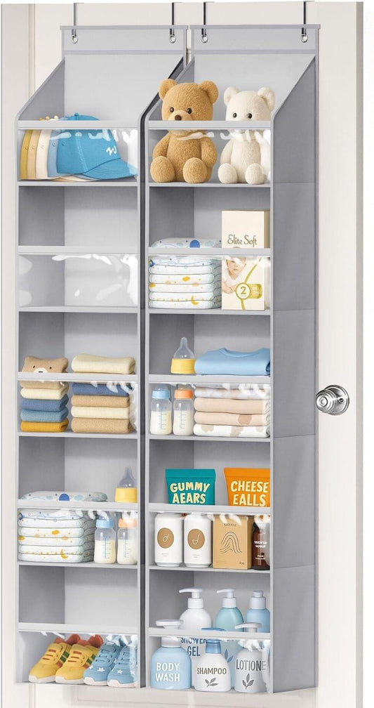 Grey over-the-door organizer with clear deep pockets and multiple shelves, open view