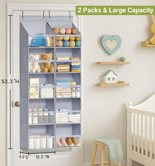 Large grey over-the-door organizer with clear pockets and hanging hooks, shown standing