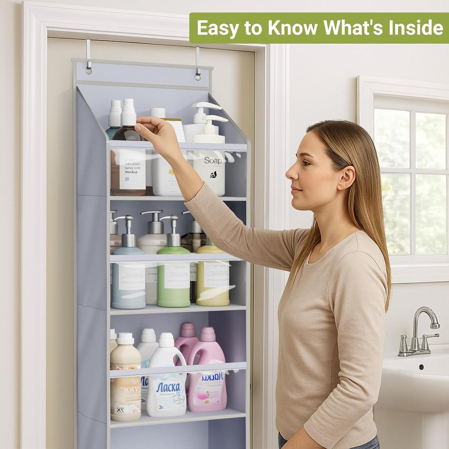 2 Pack Over the Door Organizer, Large Capacity Closet Door Hanging Organizer, Clear Deep Pockets Baby Organizer Storage for Nursery, Bathroom, Bedroom, Pantry, Diapers (Grey)