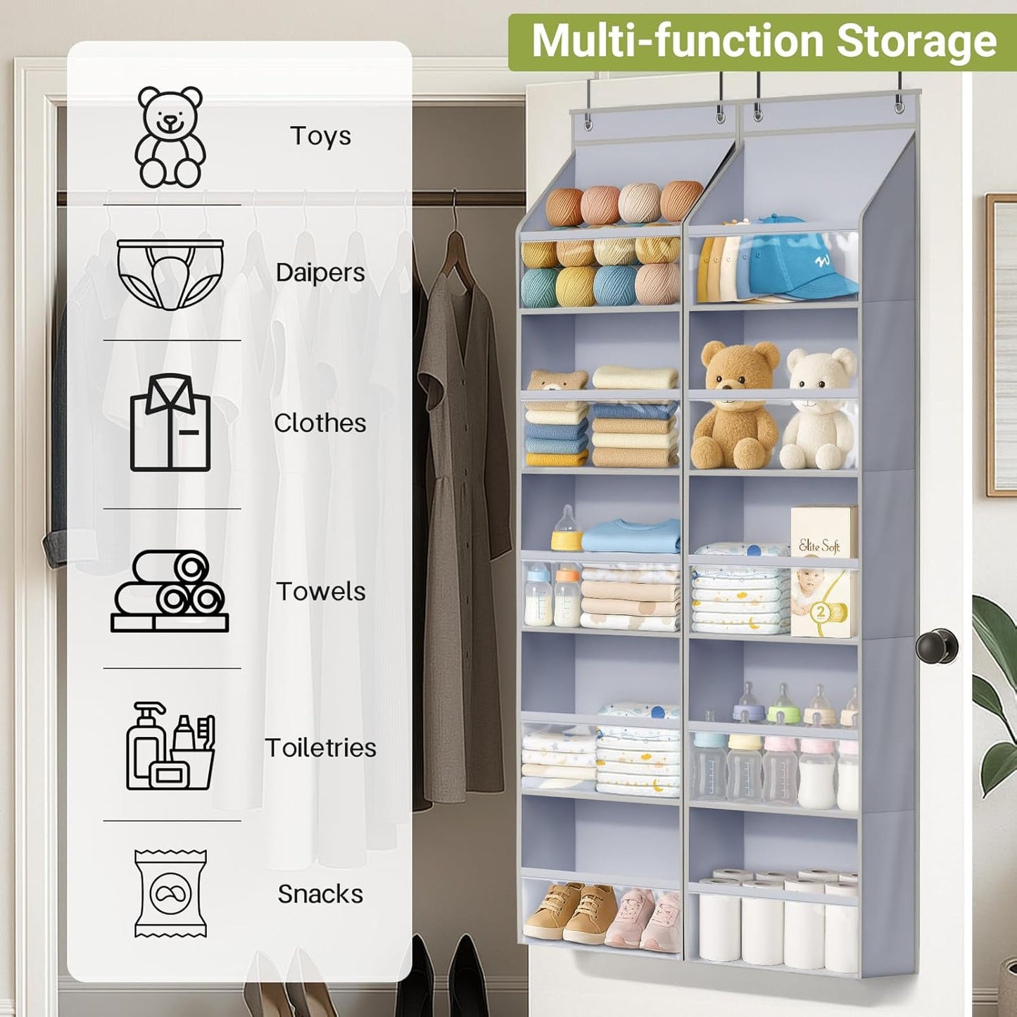 2 Pack Over the Door Organizer, Large Capacity Closet Door Hanging Organizer, Clear Deep Pockets Baby Organizer Storage for Nursery, Bathroom, Bedroom, Pantry, Diapers (Grey)