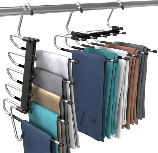 2-pack pants hangers with black anti-slip grips and stainless steel curved hooks
