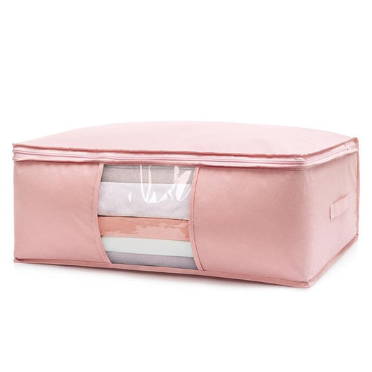 Pink quilt storage bag with clear window, double zipper, foldable wardrobe organizer