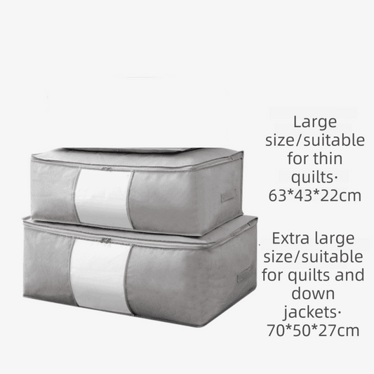 Gray quilt storage bag with clear window and double zipper, foldable wardrobe organizer