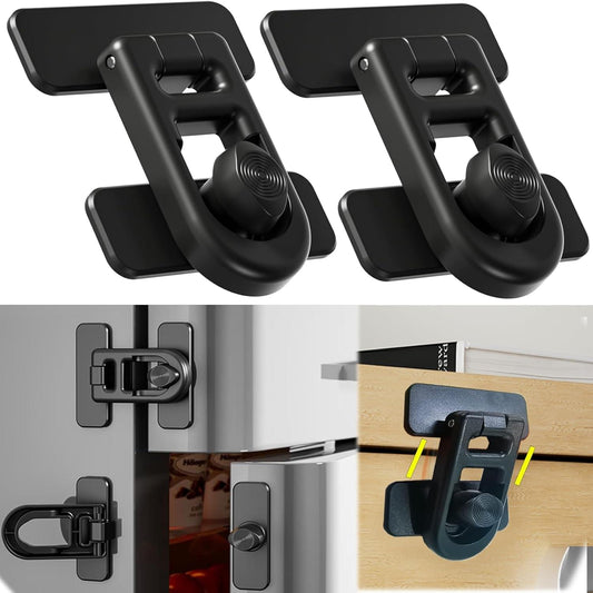 Pair of black 90-degree adhesive refrigerator cabinet latches with rotating base