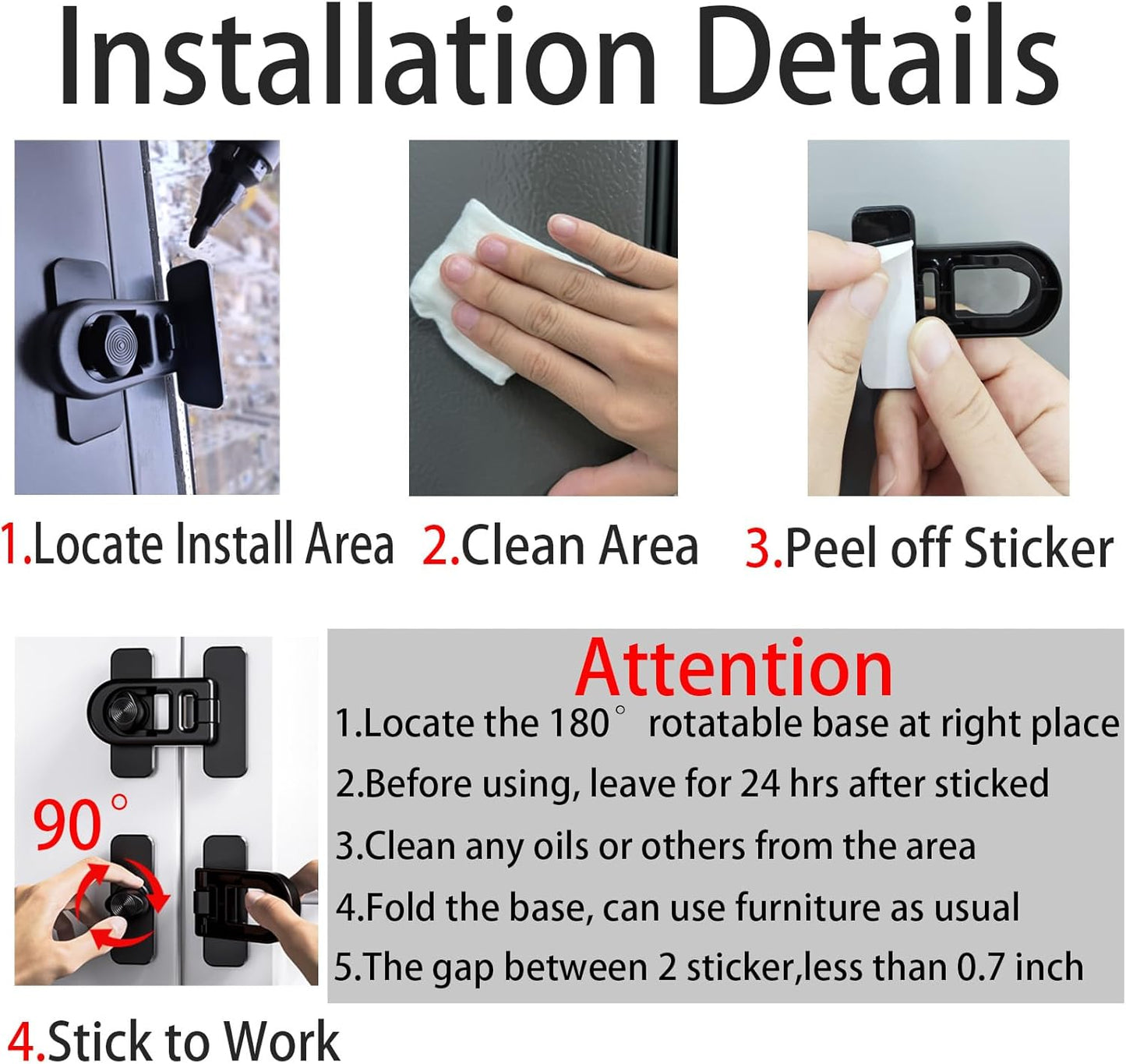 2-Pack Refrigerator Lock Baby Proofing for Cabinet Door Drawer Freezer RV Oven Cupboard Closet Kitchen, 90 Degree Fridge Latches Petproof Childproof for Toddler Cat, Strong Adhesive No Drill