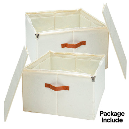 2 Pack Shoe Organizer Zipper Clear Lid Fabric Shoe Storage Box Space Saving Beige Shoe Holder for Closet and Adjustable Dividers Fits up to 16 Pairs