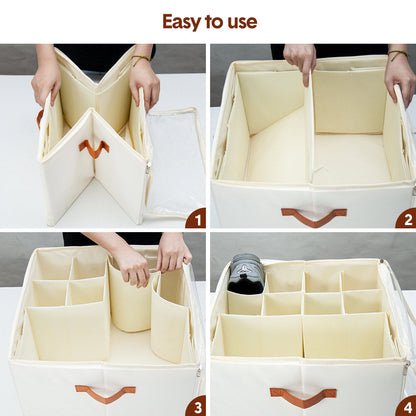 2 Pack Shoe Organizer Zipper Clear Lid Fabric Shoe Storage Box Space Saving Beige Shoe Holder for Closet and Adjustable Dividers Fits up to 16 Pairs