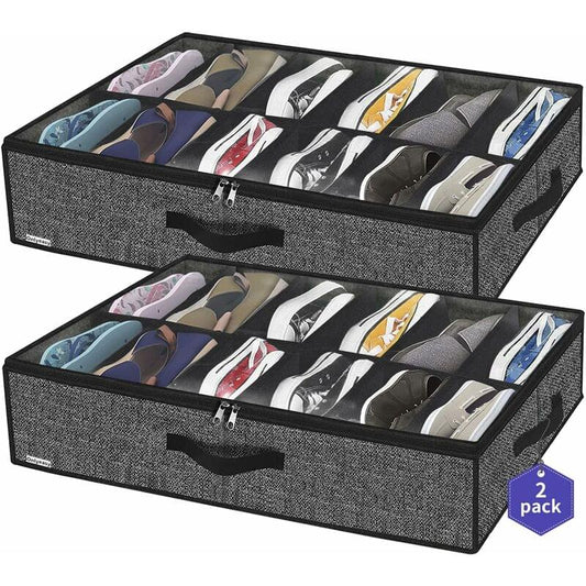 Pair of black shoe storage organizer bags, clear window top, zipper and compartment grid