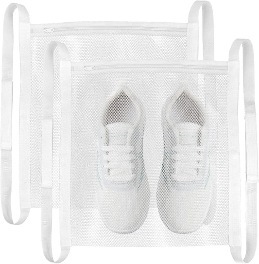 White honeycomb mesh sneaker dryer bag with zipper, holding two shoes
