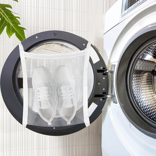White mesh sneaker dryer bags with zipper, holding a pair of sneakers inside