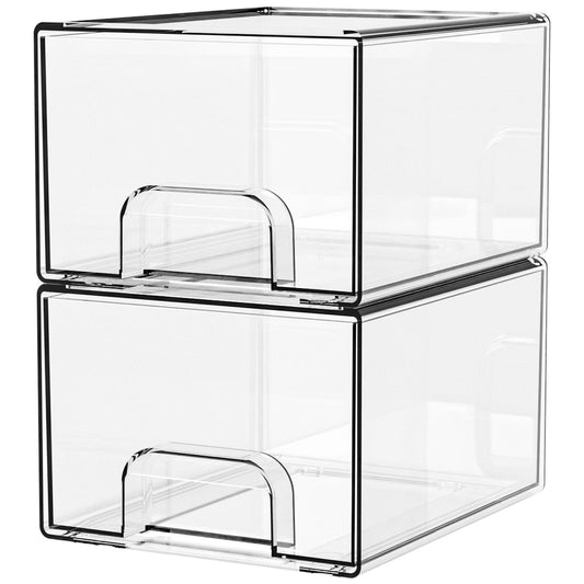 Clear PET stackable organizer drawers with dust covers and pull-out handles, 2-pack