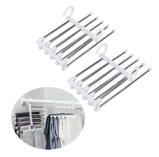 Two-tier stainless steel pants hanger set with white clips for multiple garments