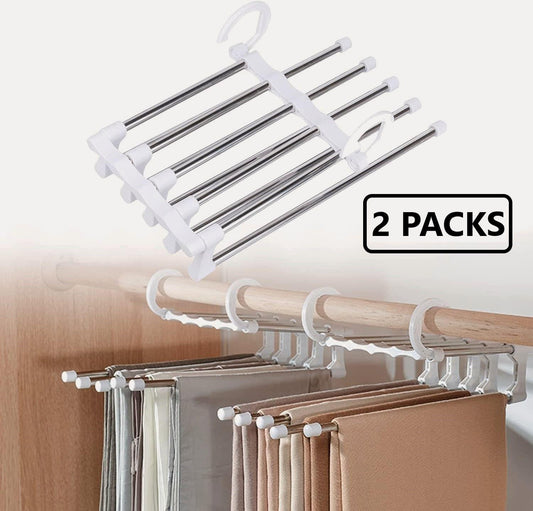 2-pack stainless steel pants hanger with 5 rails and white hanger hook