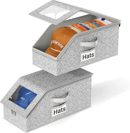 Gray speckled hat storage box with clear lid window, hinged opening
