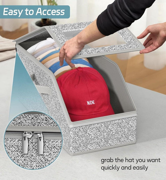 Gray speckled hat storage box with open front and clear access panel