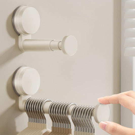 Telescopic suction-cup hanger rod with two round wall mounts and extendable inner pole