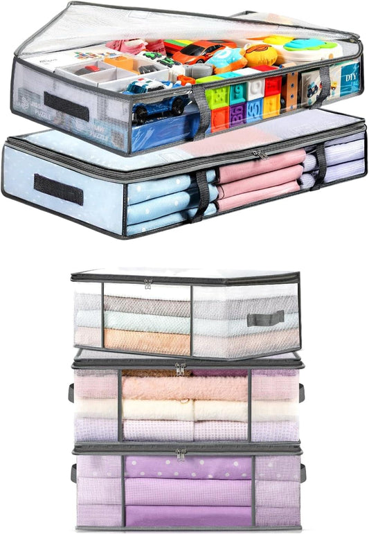 Under-bed storage bins with clear mesh sides and zipper fronts, stacked set with folded clothes