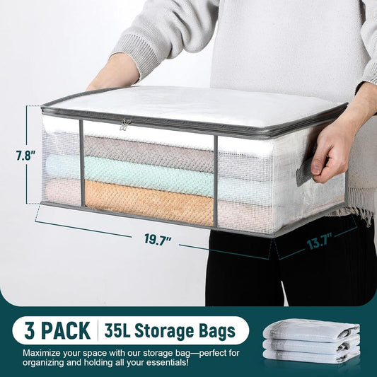 Zippered under-bed storage bin with clear mesh panels, hands placing folded fabric inside