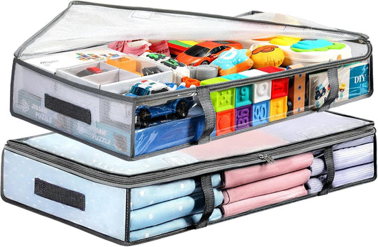 Under-bed storage containers, two stackable clear-top bins with zipper and handles