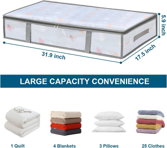 Large under-bed storage bin with clear mesh window and fabric handles, flat design