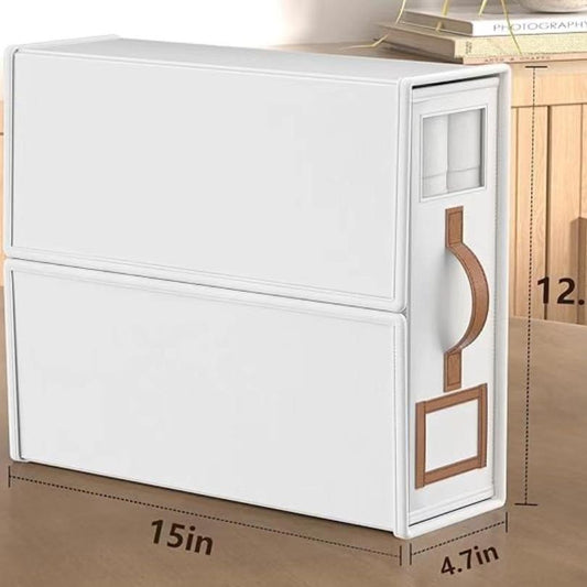 Foldable fabric storage box, white, with zipper and PU leather handle, 2-pack set