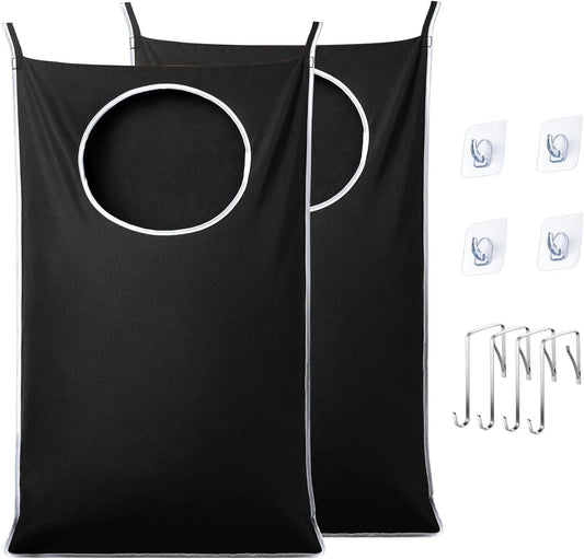 Two black over-door laundry hamper bags with circular window and hanging hooks