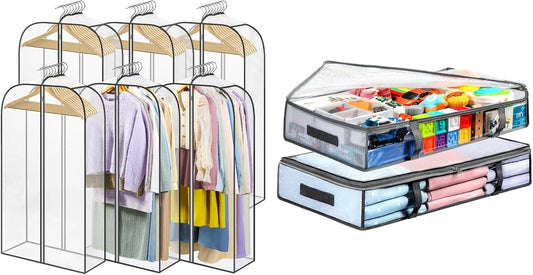 Clear hanging garment storage bags with metal hanger frames and zip closures