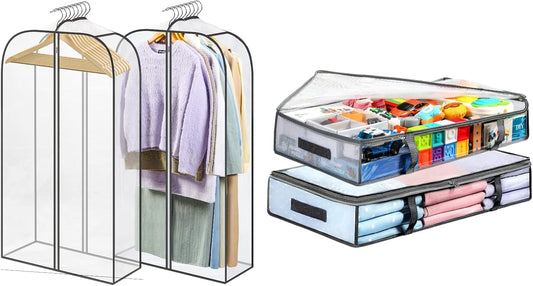 Set of clear hanging garment storage bags with metal frames and hangers