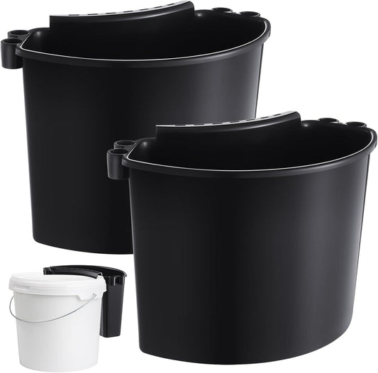 Set of two black bucket caddies with side handle clips and wide mouths