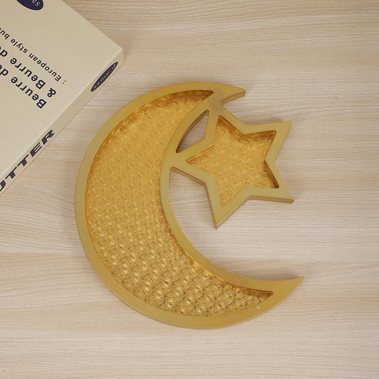 Gold crescent moon serving tray with embossed texture and star cutout