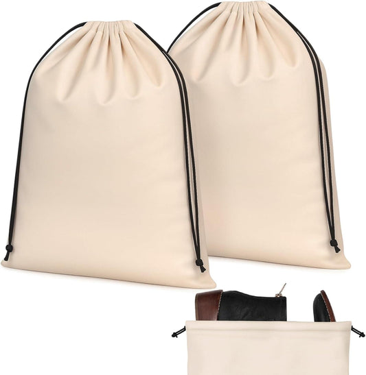 Set of 2 beige drawstring shoe dust bags in silky velvet style, black cord ties