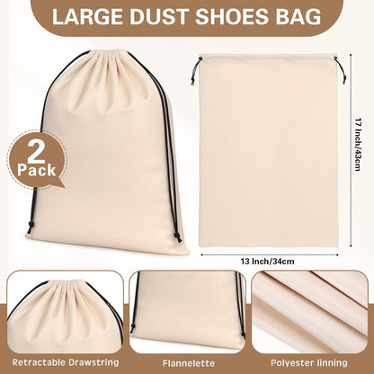 2 Pcs Silky Velvet Shoe Bags for Travel Cloth Dust Pouch with Drawstring Closure Beige Storage Packing Organizers