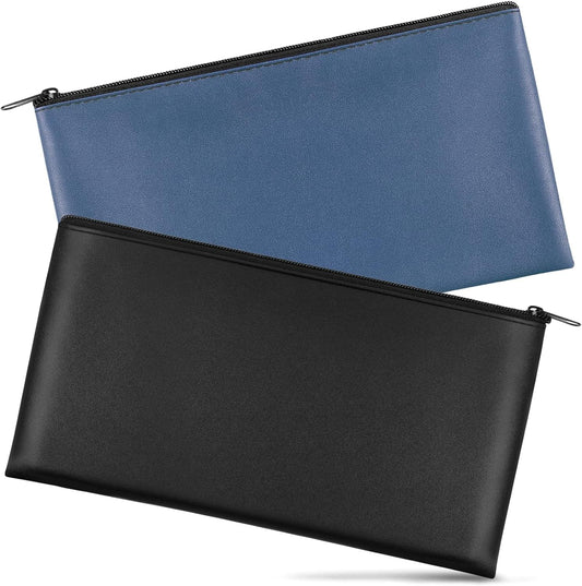 Two-piece zippered pouches in blue and black, slim rectangular with zipper pull.