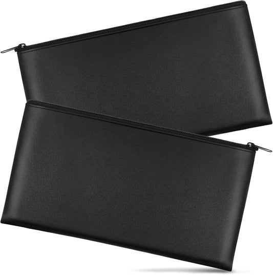 Black zippered money pouch set, two slim pouches with metal zipper pulls