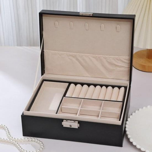 Black 2-tier jewelry box with removable drawer and ring/necklace compartments, open