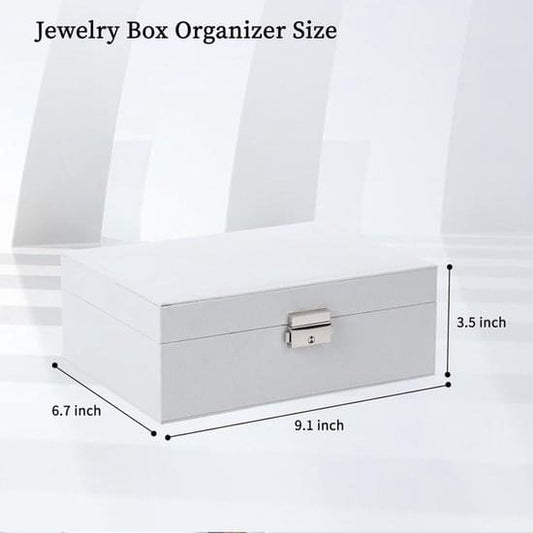 White 2-tier jewelry box with front lock and drawer, shown from the side
