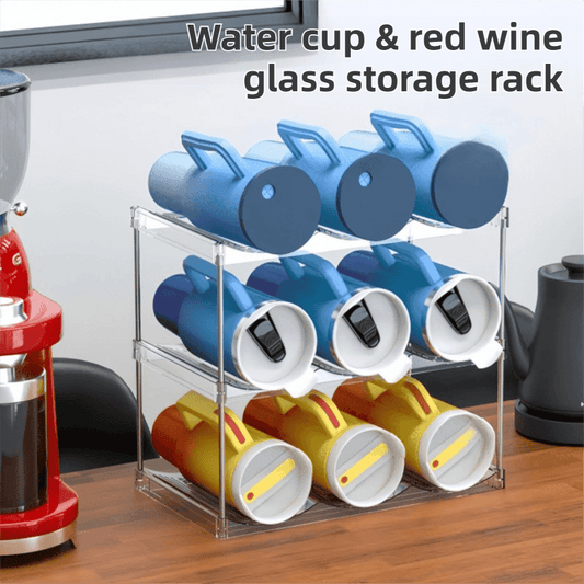 Clear 2-tier cup storage rack with blue tumblers and white inserts on wooden surface