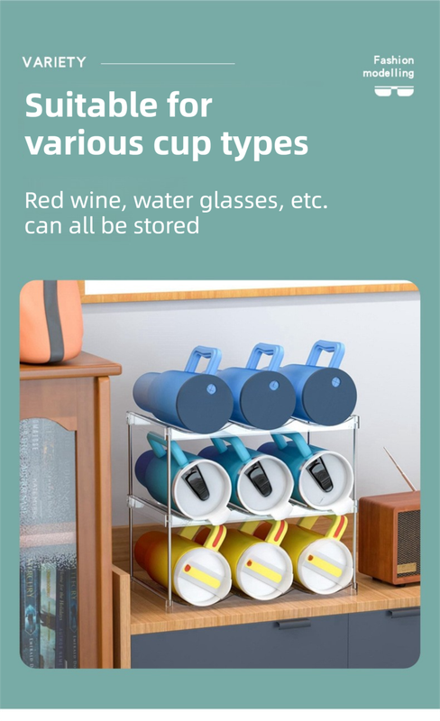 2-Tier Stackable Black Cup & Wine Organizer - Detachable Tumbler & Bottle Desktop Rack