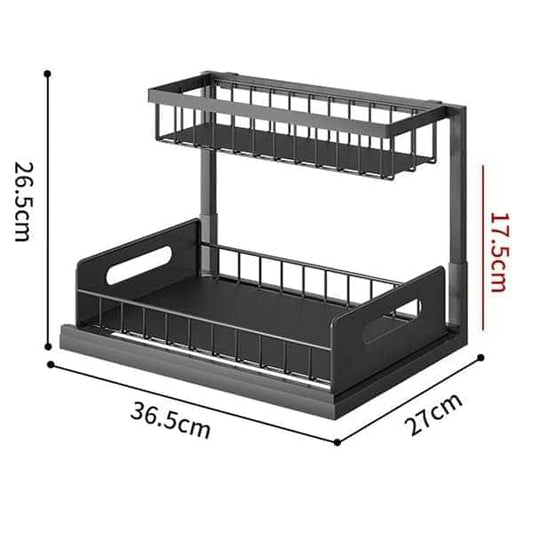 Black 2-tier wire storage rack with open front handles and tall upper basket