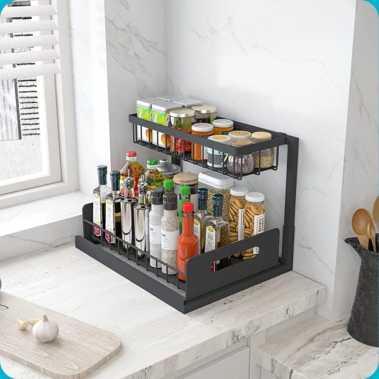 2-Tier Storage Shelf Spice Rack for Kitchen Bathroom Drawer Organization, Black