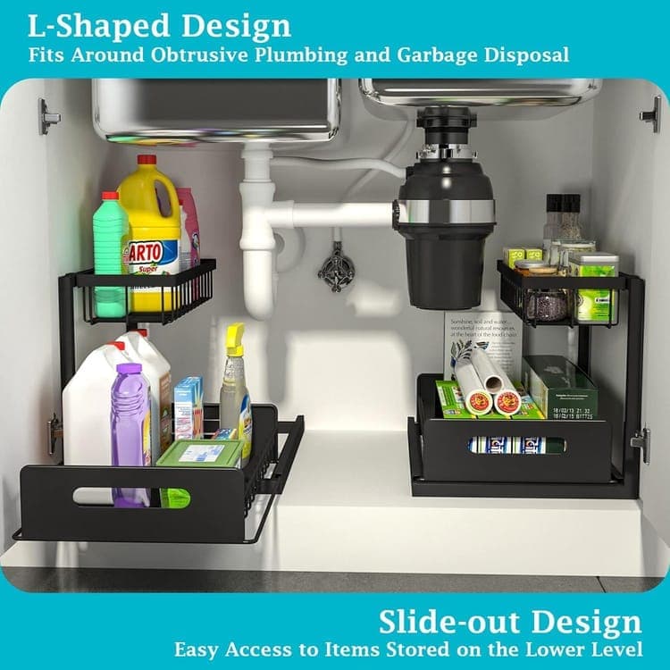 2-Tier Storage Shelf Spice Rack for Kitchen Bathroom Drawer Organization, Black